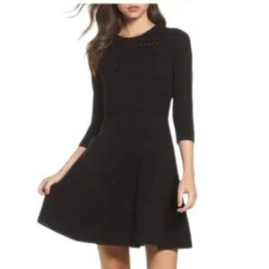 Eliza J Women's Black 3/4 Sleeve Fit & Flare Sweater Dress Gold Zipper Size M